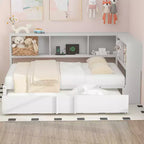 Divano letto matrimoniale con rotelle ed libreria, divano letto a L con porte USB, letto ad angolo matrimoniale in legno con testiera portaoggetti