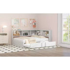 Divano letto matrimoniale con rotelle ed libreria, divano letto a L con porte USB, letto ad angolo matrimoniale in legno con testiera portaoggetti