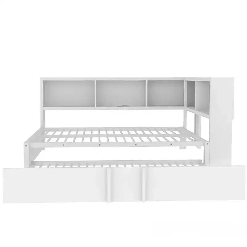 Divano letto matrimoniale con rotelle ed libreria, divano letto a L con porte USB, letto ad angolo matrimoniale in legno con testiera portaoggetti