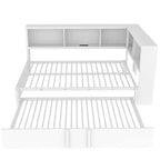 Divano letto matrimoniale con rotelle ed libreria, divano letto a L con porte USB, letto ad angolo matrimoniale in legno con testiera portaoggetti