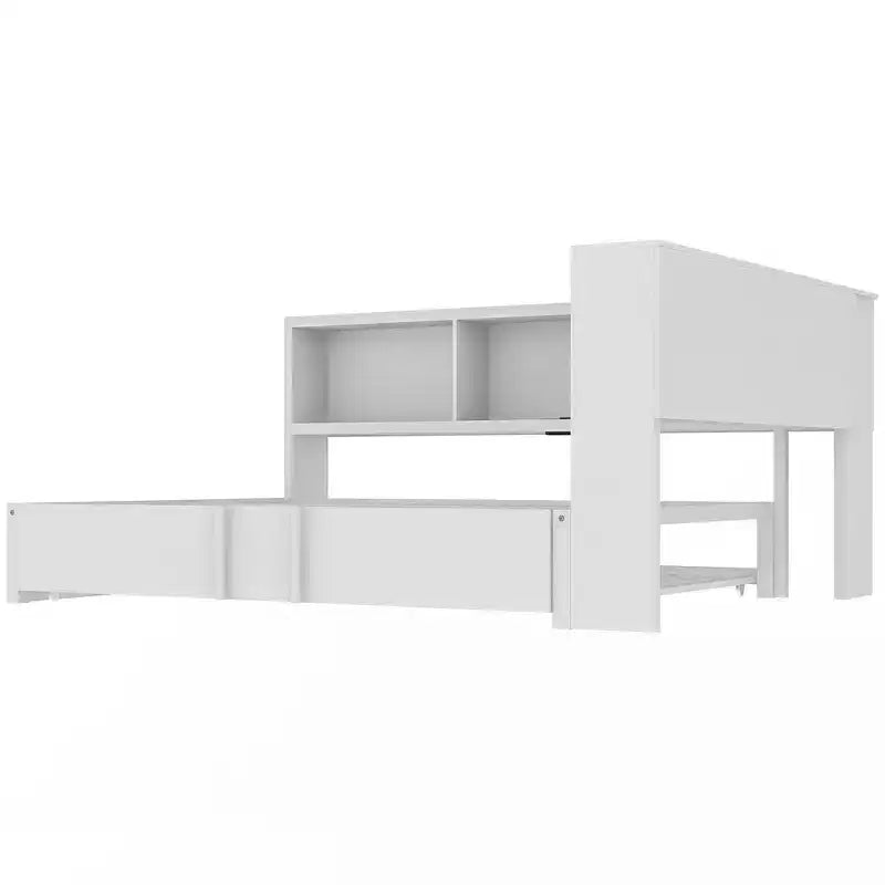 Divano letto matrimoniale con rotelle ed libreria, divano letto a L con porte USB, letto ad angolo matrimoniale in legno con testiera portaoggetti