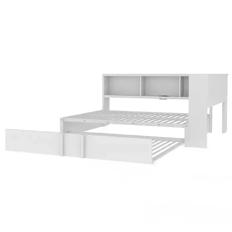 Divano letto matrimoniale con rotelle ed libreria, divano letto a L con porte USB, letto ad angolo matrimoniale in legno con testiera portaoggetti
