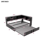 Divano letto matrimoniale con rotelle ed libreria, divano letto a L con porte USB, letto ad angolo matrimoniale in legno con testiera portaoggetti