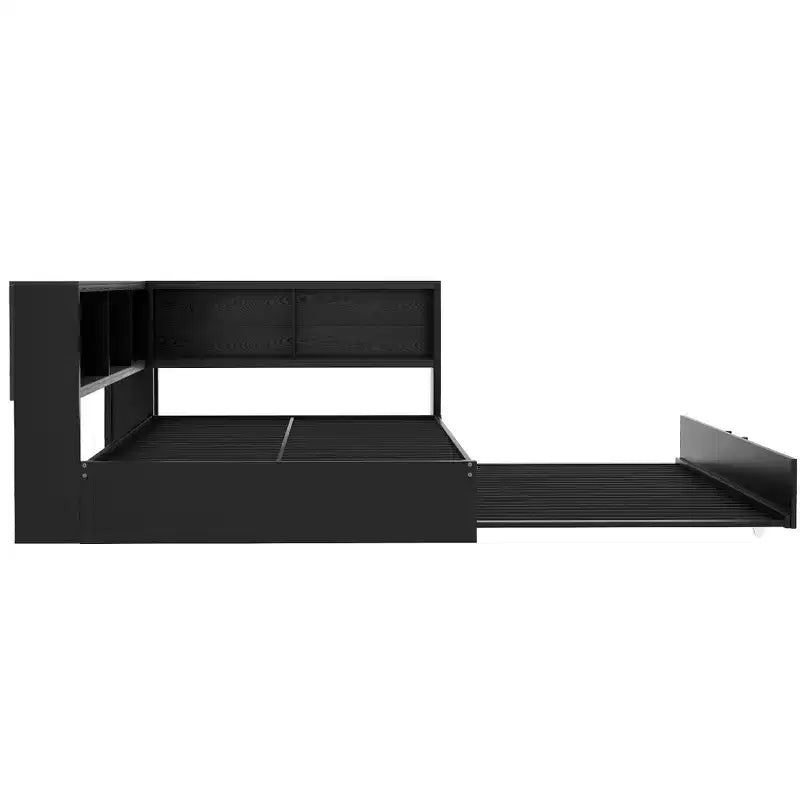 Divano letto matrimoniale con rotelle ed libreria, divano letto a L con porte USB, letto ad angolo matrimoniale in legno con testiera portaoggetti