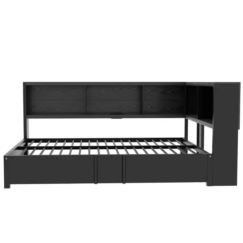 Divano letto matrimoniale con rotelle ed libreria, divano letto a L con porte USB, letto ad angolo matrimoniale in legno con testiera portaoggetti