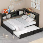 Full Size Daybed with Trundle and Bookcase, L-Shape Daybed with USB Ports, Wood Full Corner Bed with Storage Headboard