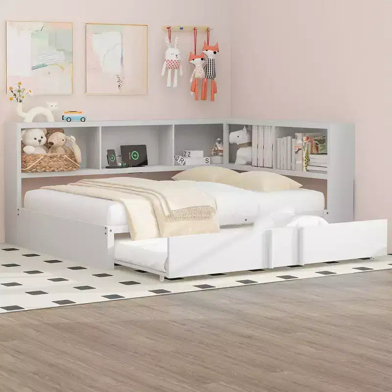 Divano letto matrimoniale con rotelle ed libreria, divano letto a L con porte USB, letto ad angolo matrimoniale in legno con testiera portaoggetti