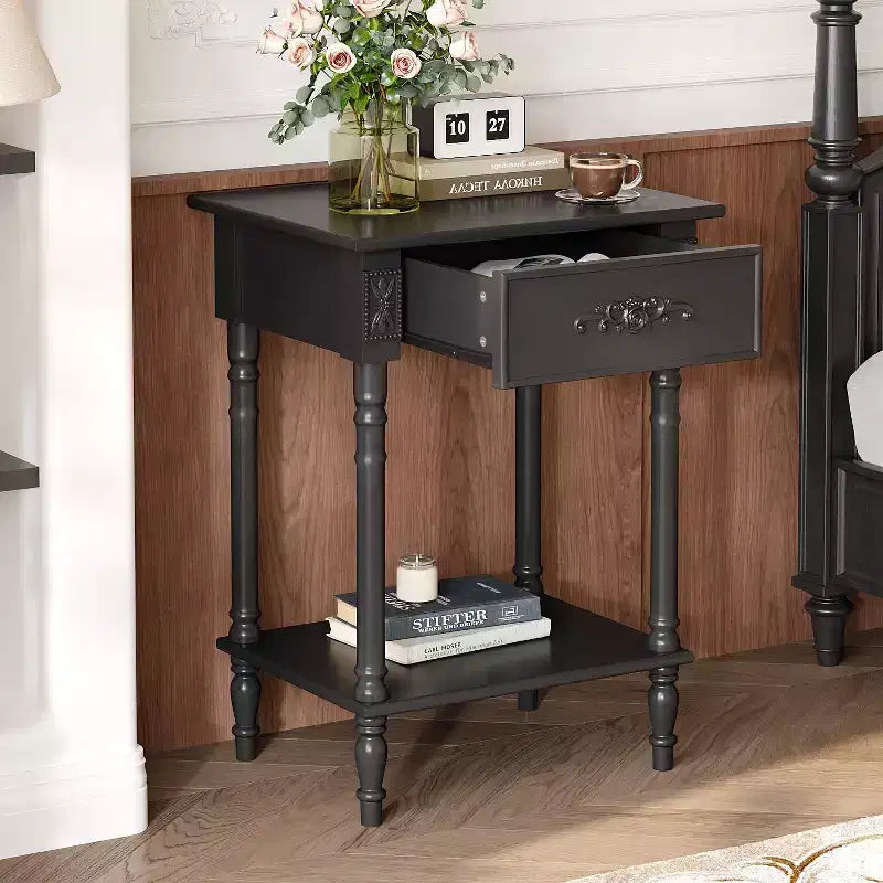Comodino Famapy Chic Bianco/Nero con cassetto e ripiano inferiore, tavolino laterale: Elegante soluzione salvaspazio per la camera da letto, comodino con cassetto