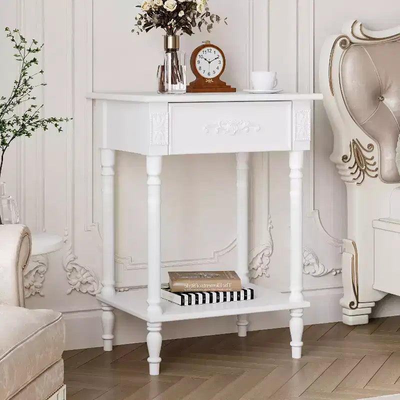 Comodino Famapy Chic Bianco/Nero con cassetto e ripiano inferiore, tavolino laterale: Elegante soluzione salvaspazio per la camera da letto, comodino con cassetto