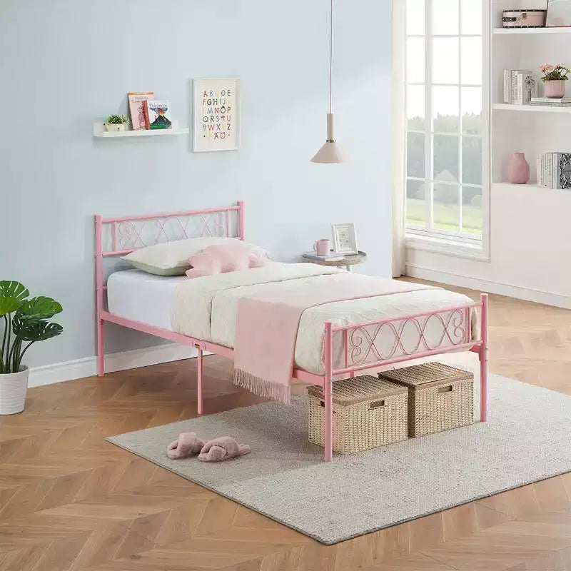 Struttura Letto in Metallo con Testiera, Pediera, Contenitore Sotto il Letto, Nessun Materasso a Molle Richiesto, Facile da Montare e Silenzioso