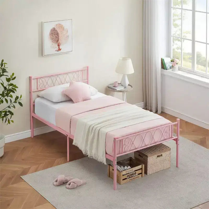 Struttura Letto in Metallo con Testiera, Pediera, Contenitore Sotto il Letto, Nessun Materasso a Molle Richiesto, Facile da Montare e Silenzioso