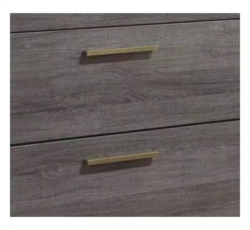 Comodino contemporaneo 1 pz. due tonalità grigio antico, mobile da camera da letto, guide centrali in metallo, maniglie a barra in ottone