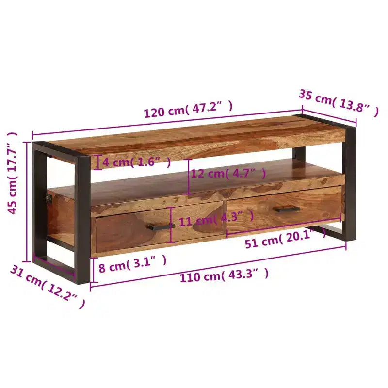 vidaXL Mobile TV in Legno Massello di Sheesham – Marrone Stile Vintage, 120x35x45 cm, con Due Cassetti e Uno Scaffale, Struttura in Acciaio Resistente