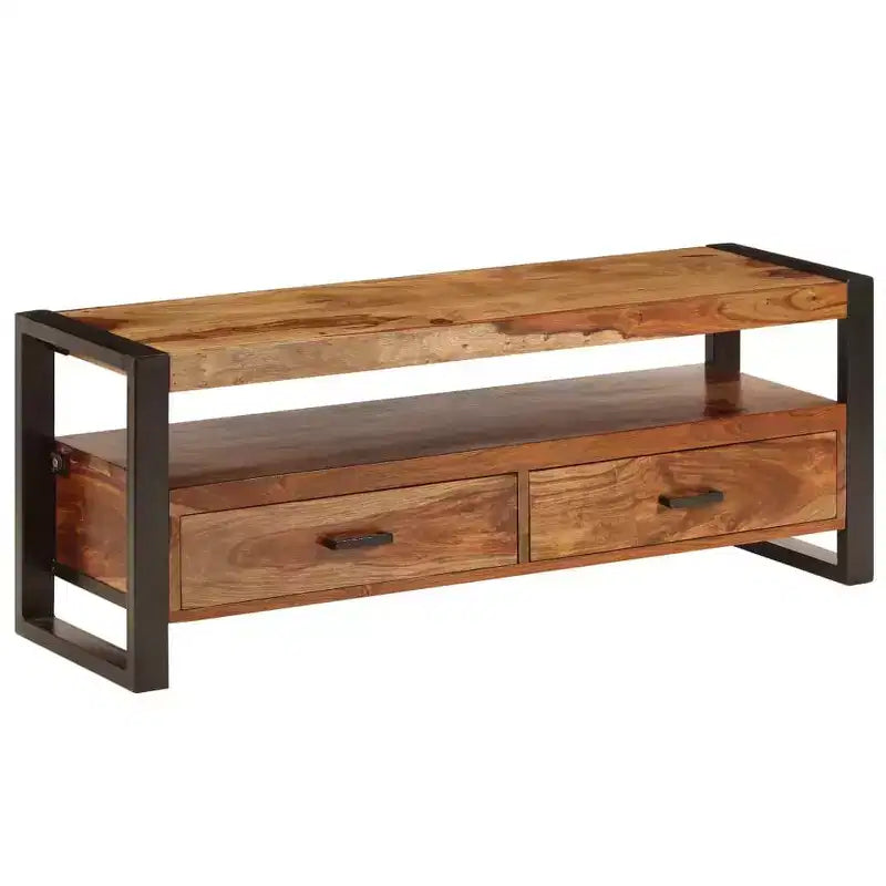 vidaXL Mobile TV in Legno Massello di Sheesham – Marrone Stile Vintage, 120x35x45 cm, con Due Cassetti e Uno Scaffale, Struttura in Acciaio Resistente