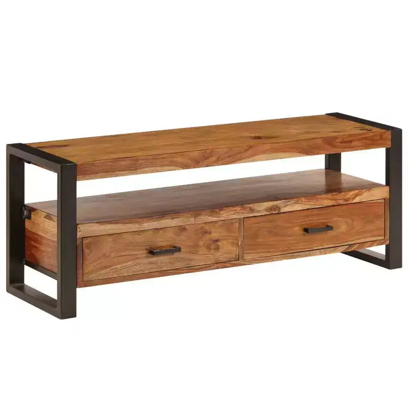 vidaXL Mobile TV in Legno Massello di Sheesham – Marrone Stile Vintage, 120x35x45 cm, con Due Cassetti e Uno Scaffale, Struttura in Acciaio Resistente