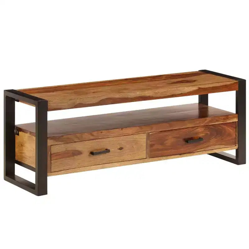 vidaXL Mobile TV in Legno Massello di Sheesham – Marrone Stile Vintage, 120x35x45 cm, con Due Cassetti e Uno Scaffale, Struttura in Acciaio Resistente
