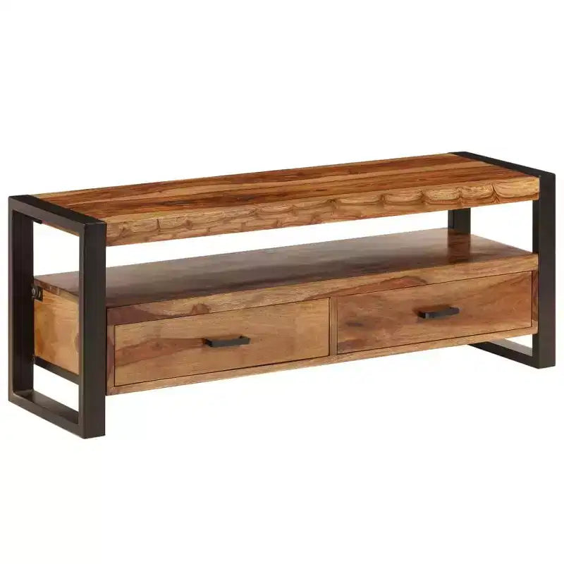 vidaXL Mobile TV in Legno Massello di Sheesham – Marrone Stile Vintage, 120x35x45 cm, con Due Cassetti e Uno Scaffale, Struttura in Acciaio Resistente