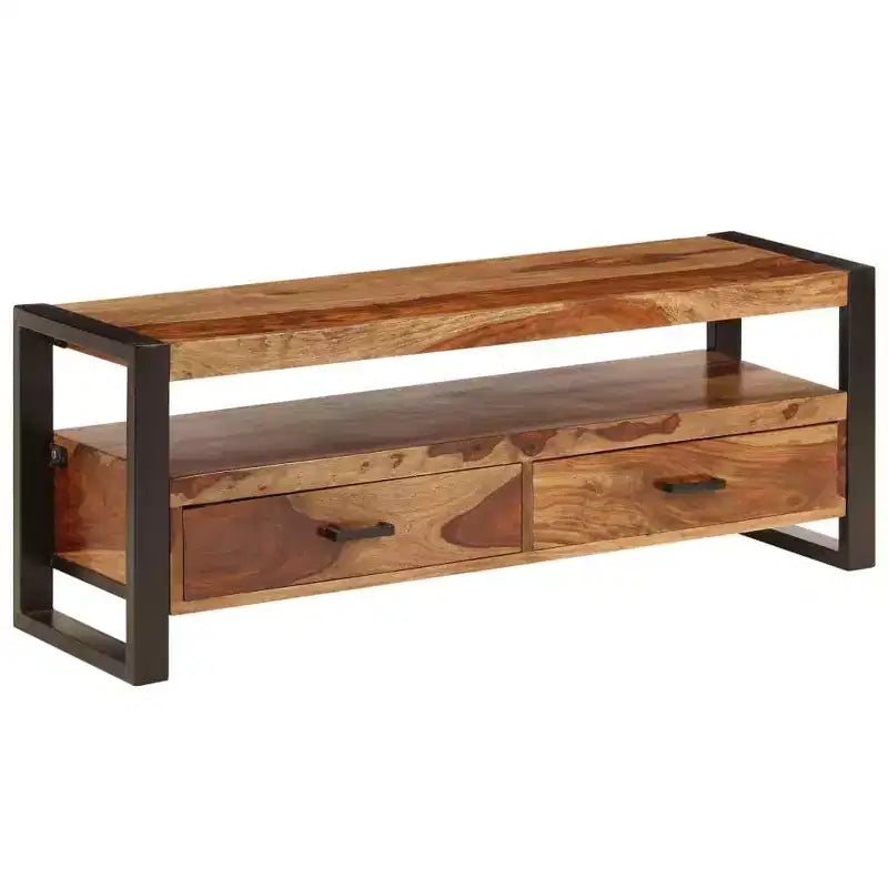 vidaXL Mobile TV in Legno Massello di Sheesham – Marrone Stile Vintage, 120x35x45 cm, con Due Cassetti e Uno Scaffale, Struttura in Acciaio Resistente