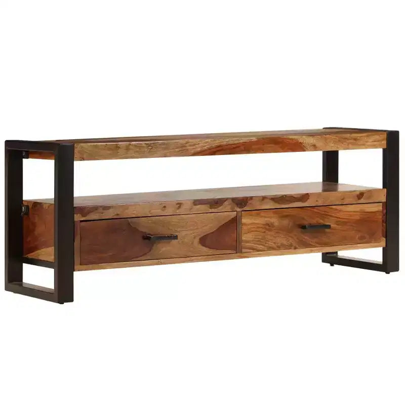 vidaXL Mobile TV in Legno Massello di Sheesham – Marrone Stile Vintage, 120x35x45 cm, con Due Cassetti e Uno Scaffale, Struttura in Acciaio Resistente