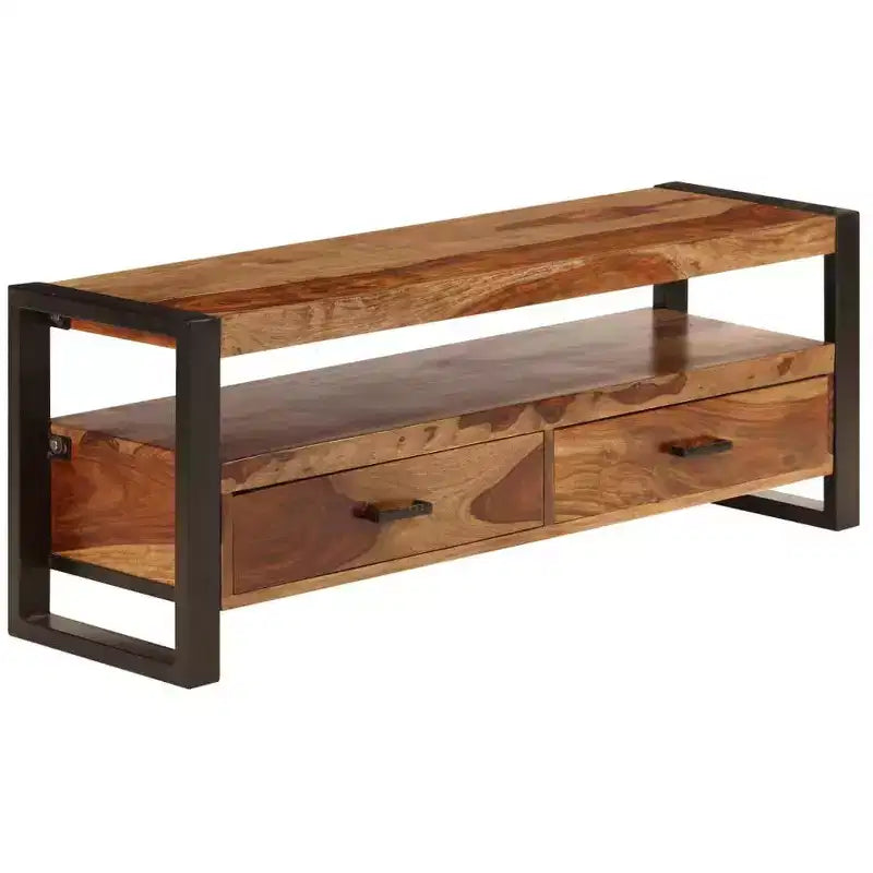 vidaXL Mobile TV in Legno Massello di Sheesham – Marrone Stile Vintage, 120x35x45 cm, con Due Cassetti e Uno Scaffale, Struttura in Acciaio Resistente