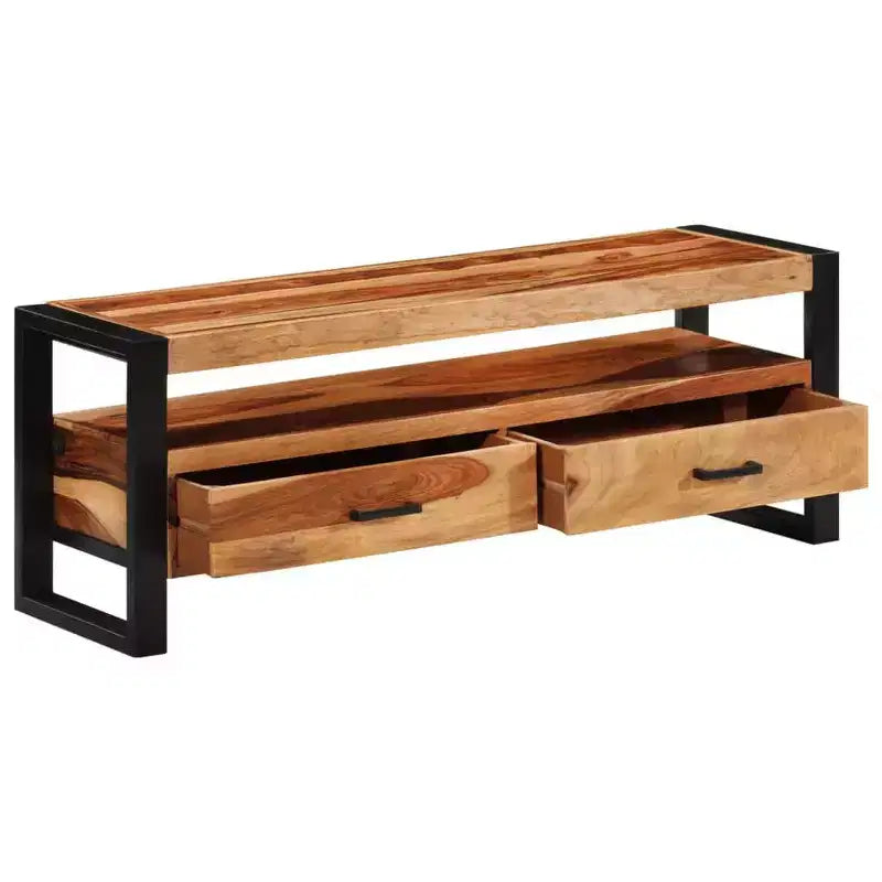 vidaXL Mobile TV in Legno Massello di Sheesham – Marrone Stile Vintage, 120x35x45 cm, con Due Cassetti e Uno Scaffale, Struttura in Acciaio Resistente