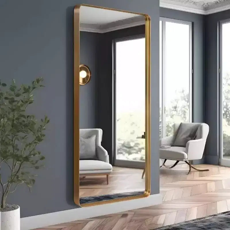 MAYEERTY Specchio a figura intera da 71 pollici, rettangolare arrotondato, con cornice in lega di alluminio, da appoggio o da appendere, color oro