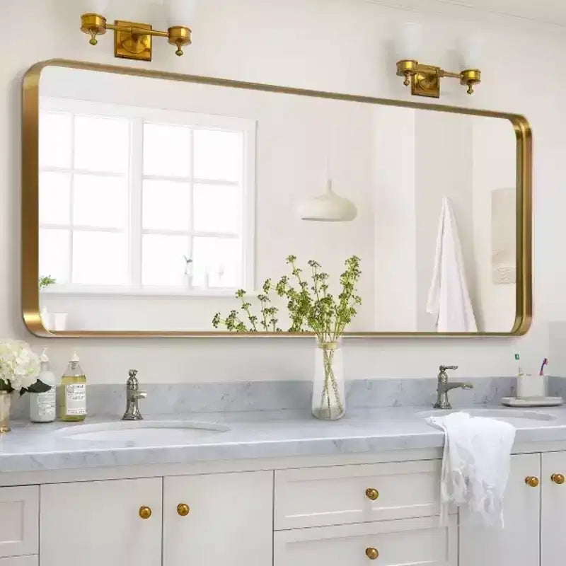 MAYEERTY Specchio a figura intera da 71 pollici, rettangolare arrotondato, con cornice in lega di alluminio, da appoggio o da appendere, color oro