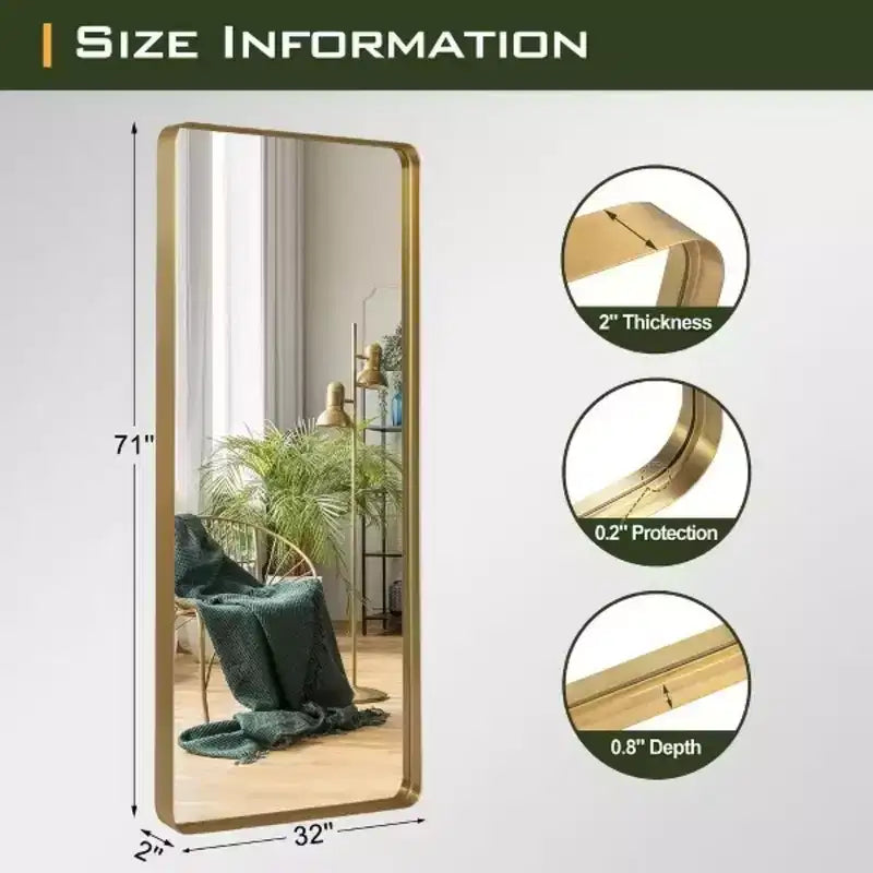MAYEERTY Specchio a figura intera da 71 pollici, rettangolare arrotondato, con cornice in lega di alluminio, da appoggio o da appendere, color oro