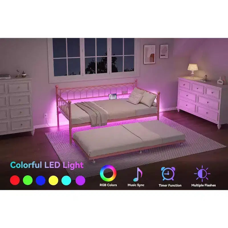 Letto a Giorno Singolo con Letto Estraibile, Letto a Giorno in Metallo Misura Singola, Struttura Letto Divano con Letto Estraibile, Non Richiede Rete a Molle, per Soggiorno, Camera da Letto