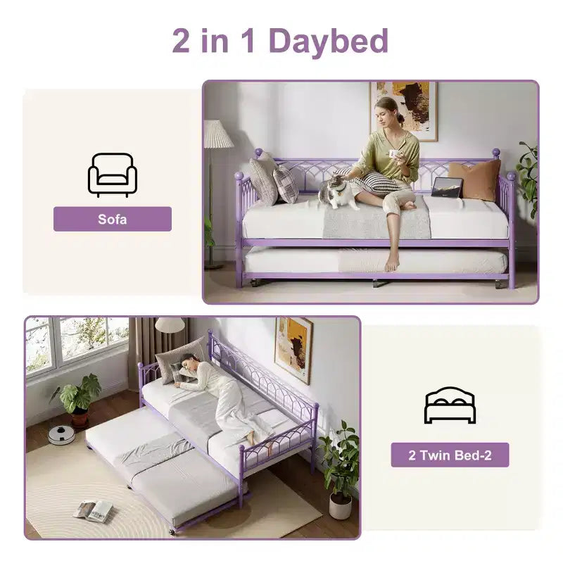 Letto a Giorno Singolo con Letto Estraibile, Letto a Giorno in Metallo Misura Singola, Struttura Letto Divano con Letto Estraibile, Non Richiede Rete a Molle, per Soggiorno, Camera da Letto