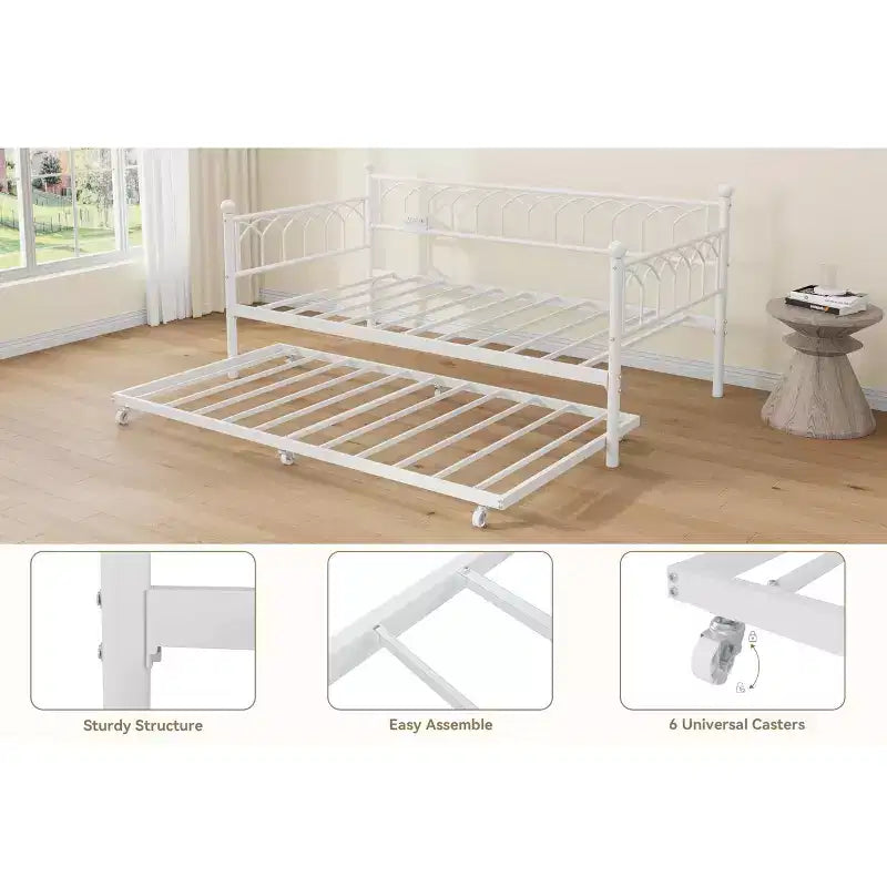 Letto a Giorno Singolo con Letto Estraibile, Letto a Giorno in Metallo Misura Singola, Struttura Letto Divano con Letto Estraibile, Non Richiede Rete a Molle, per Soggiorno, Camera da Letto