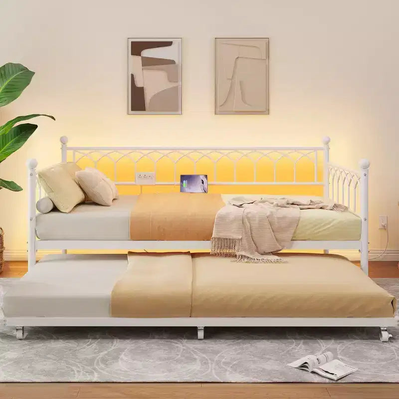 Letto a Giorno Singolo con Letto Estraibile, Letto a Giorno in Metallo Misura Singola, Struttura Letto Divano con Letto Estraibile, Non Richiede Rete a Molle, per Soggiorno, Camera da Letto