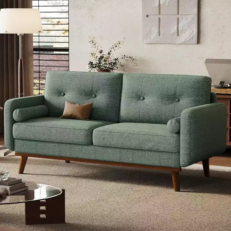 Divanetto Moderno da 65 Pollici, Divano a 2 Posti Rivestito in Lino, Mobili Imbottiti con Bottoni Trapuntati, Divano a Due Posti in Stile Mid-Century