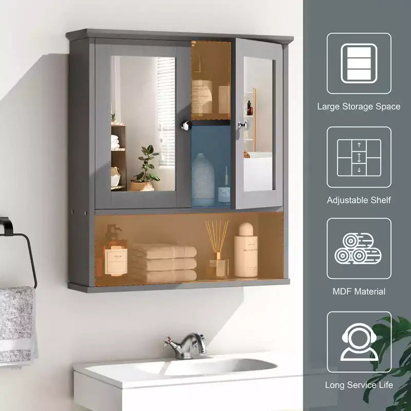 Pensile da bagno Celebalcony con specchio, da parete, organizer in legno con scomparto aperto, ante e ripiani regolabili