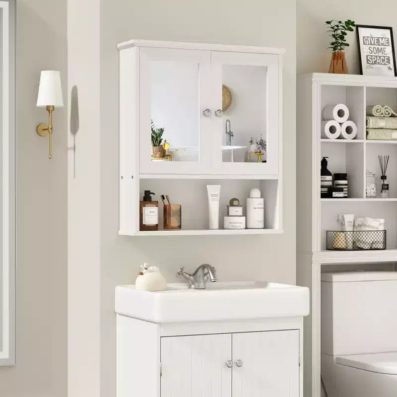 Pensile da bagno Celebalcony con specchio, da parete, organizer in legno con scomparto aperto, ante e ripiani regolabili