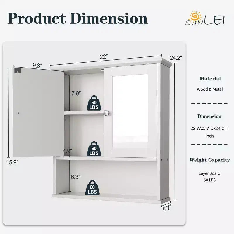 Pensile da bagno Celebalcony con specchio, da parete, organizer in legno con scomparto aperto, ante e ripiani regolabili