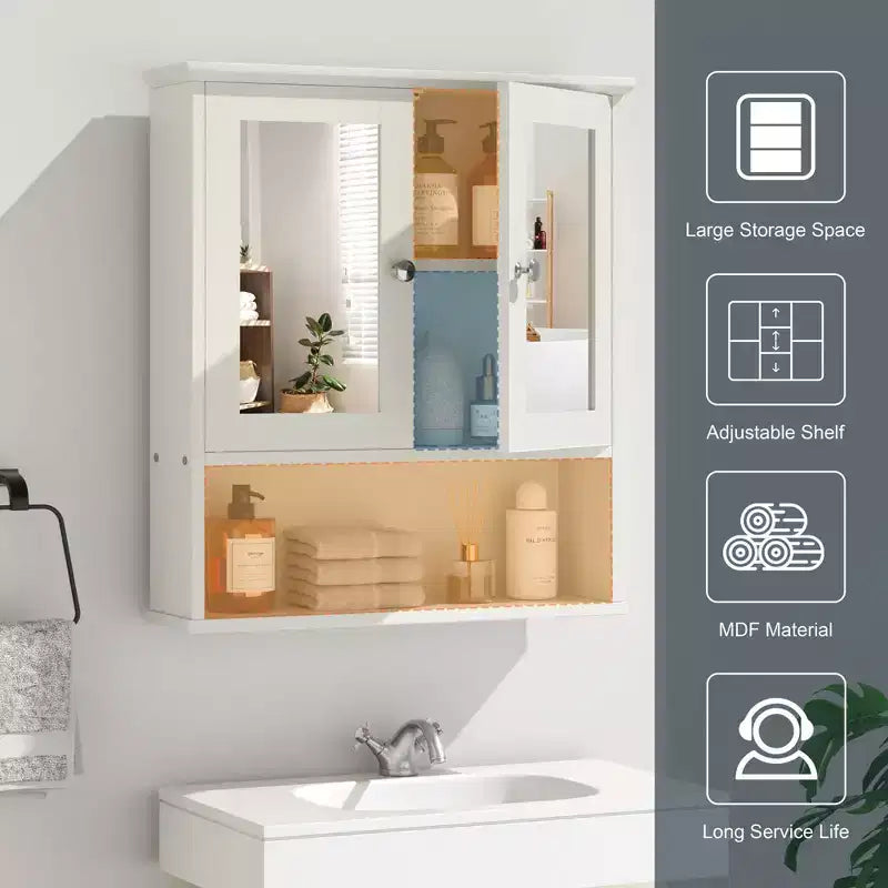 Pensile da bagno Celebalcony con specchio, da parete, organizer in legno con scomparto aperto, ante e ripiani regolabili