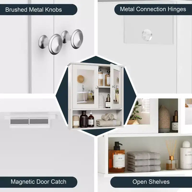Pensile da bagno Celebalcony con specchio, da parete, organizer in legno con scomparto aperto, ante e ripiani regolabili