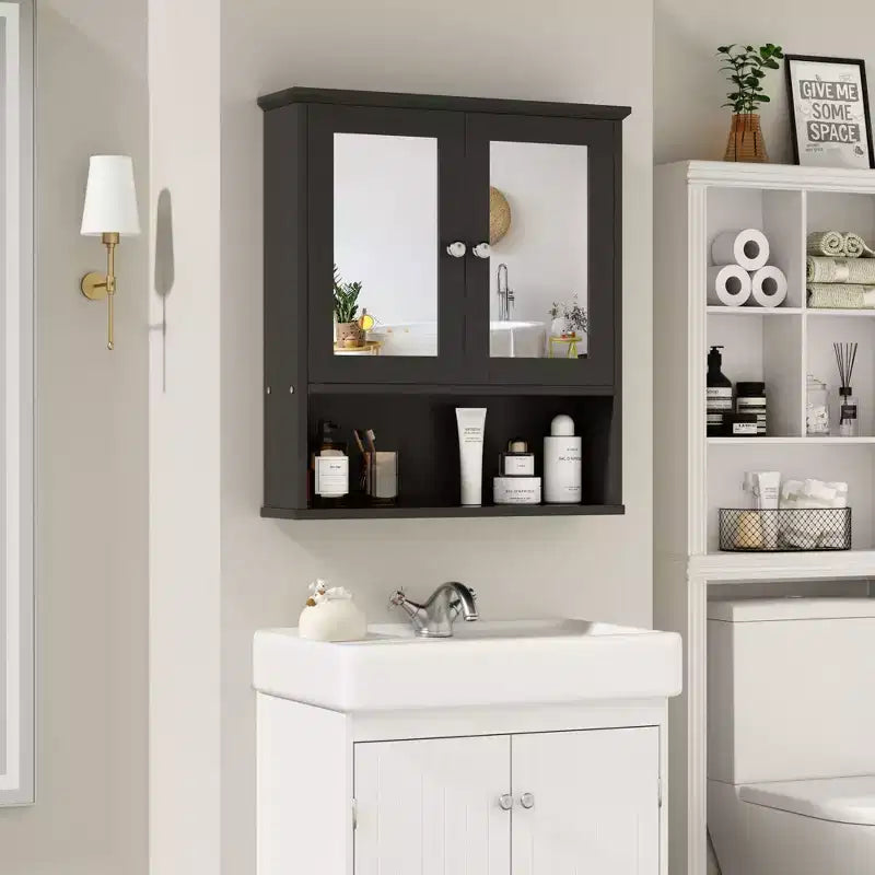 Pensile da bagno Celebalcony con specchio, da parete, organizer in legno con scomparto aperto, ante e ripiani regolabili