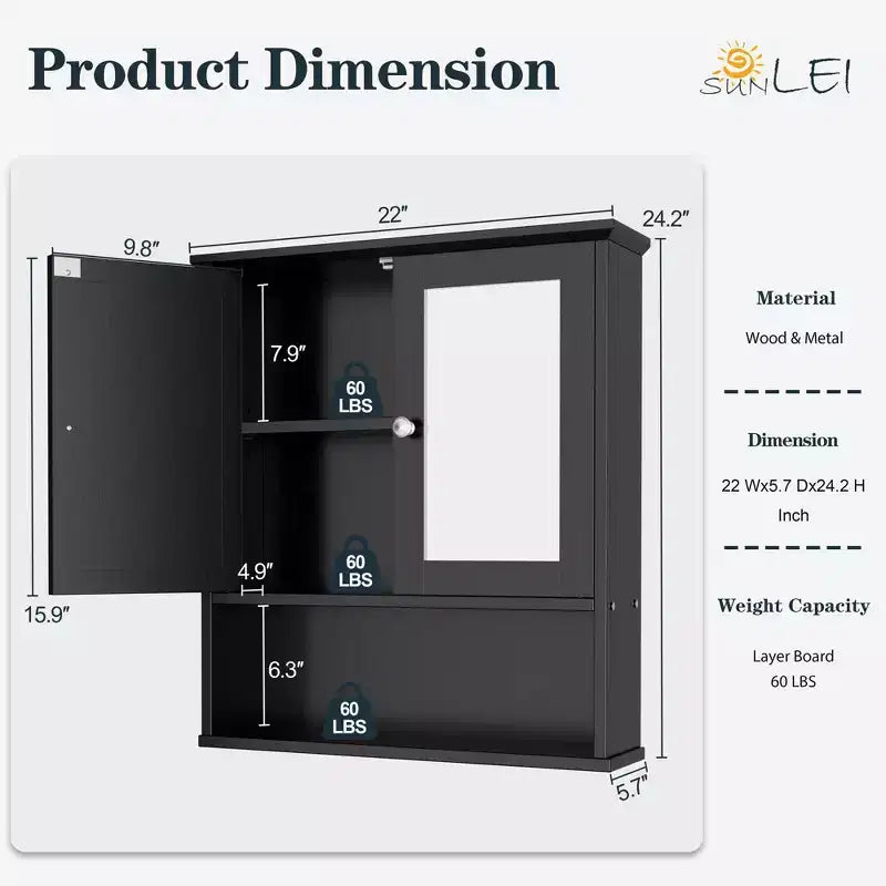 Pensile da bagno Celebalcony con specchio, da parete, organizer in legno con scomparto aperto, ante e ripiani regolabili