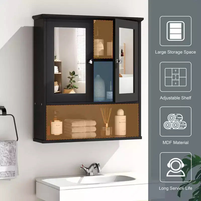 Pensile da bagno Celebalcony con specchio, da parete, organizer in legno con scomparto aperto, ante e ripiani regolabili