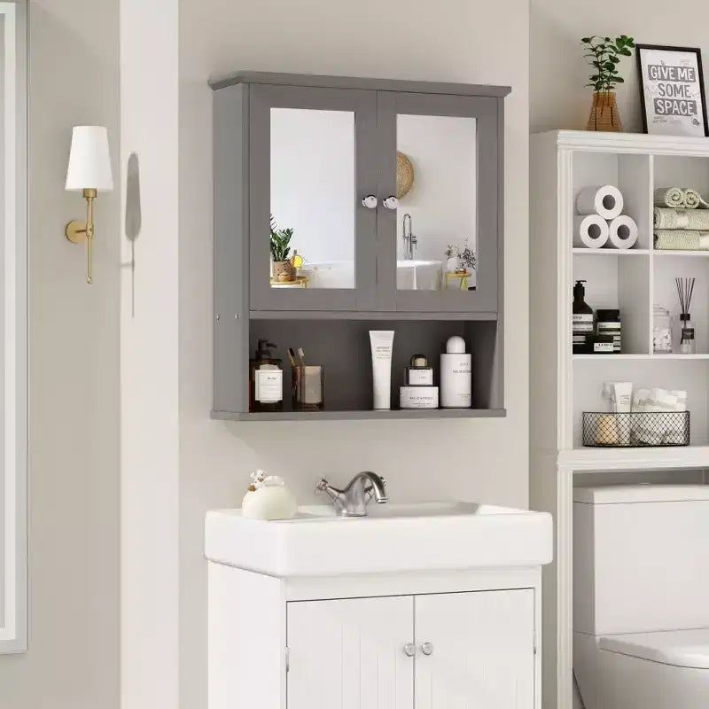 Pensile da bagno Celebalcony con specchio, da parete, organizer in legno con scomparto aperto, ante e ripiani regolabili