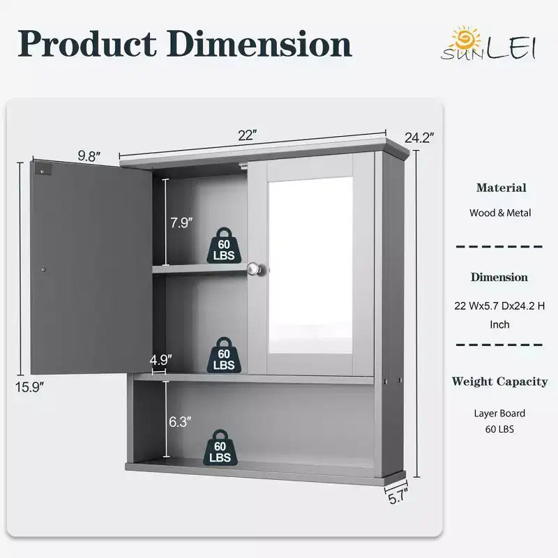 Pensile da bagno Celebalcony con specchio, da parete, organizer in legno con scomparto aperto, ante e ripiani regolabili