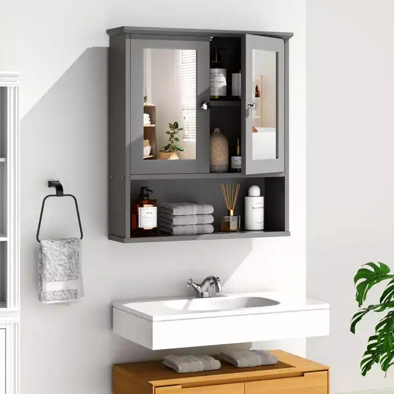 Pensile da bagno Celebalcony con specchio, da parete, organizer in legno con scomparto aperto, ante e ripiani regolabili