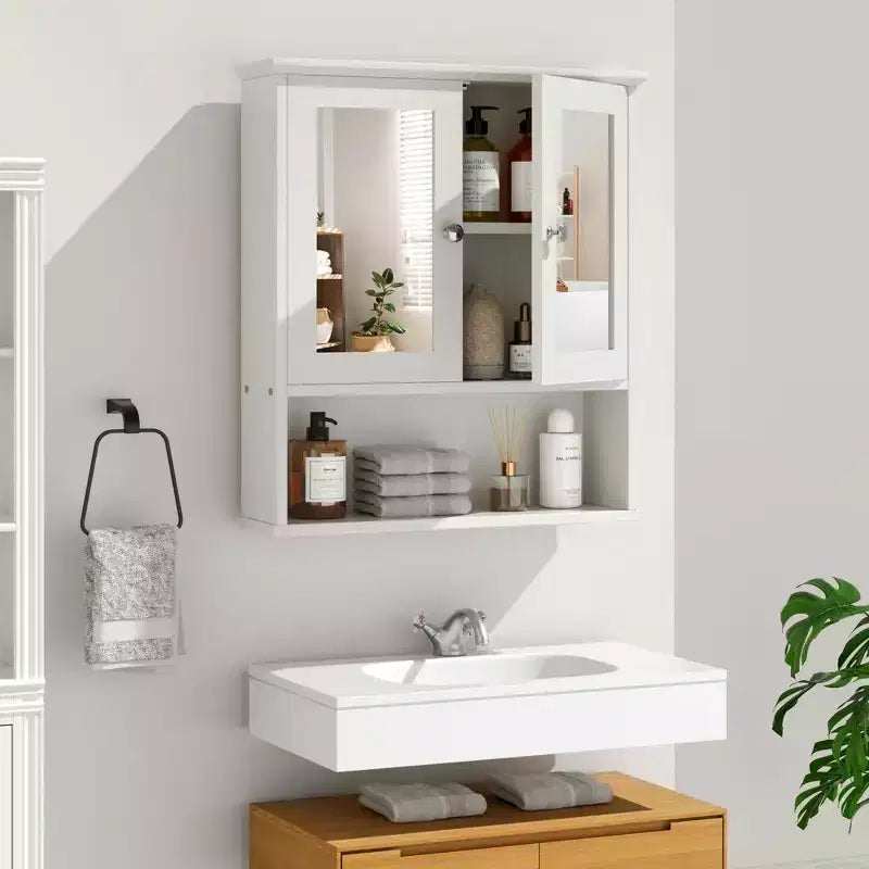Pensile da bagno Celebalcony con specchio, da parete, organizer in legno con scomparto aperto, ante e ripiani regolabili
