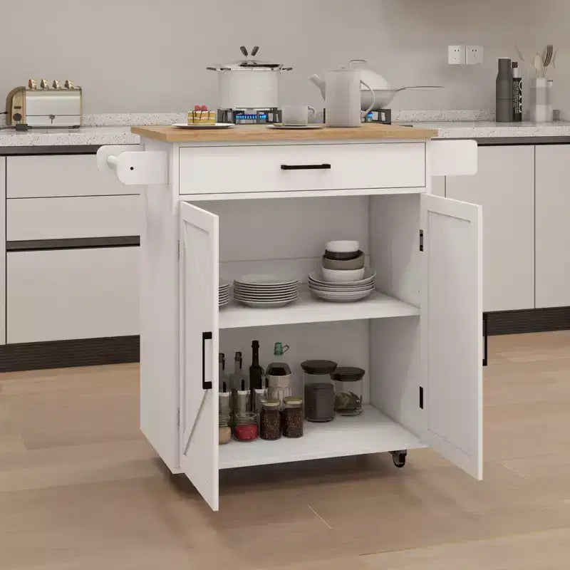 Carrello da Cucina su Ruote con Piano in Legno, Cassetto, Armadietto e Portasciugamani - Isola Mobile per Cucina, Garage o Ufficio