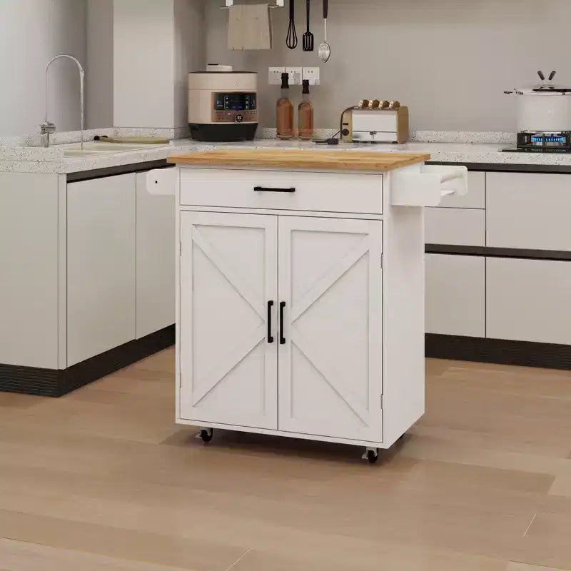 Carrello da Cucina su Ruote con Piano in Legno, Cassetto, Armadietto e Portasciugamani - Isola Mobile per Cucina, Garage o Ufficio