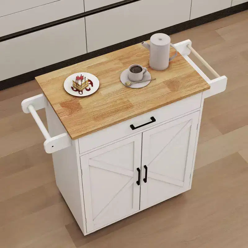 Carrello da Cucina su Ruote con Piano in Legno, Cassetto, Armadietto e Portasciugamani - Isola Mobile per Cucina, Garage o Ufficio