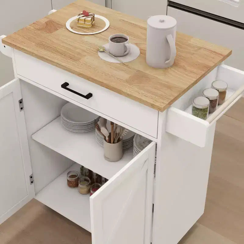 Carrello da Cucina su Ruote con Piano in Legno, Cassetto, Armadietto e Portasciugamani - Isola Mobile per Cucina, Garage o Ufficio