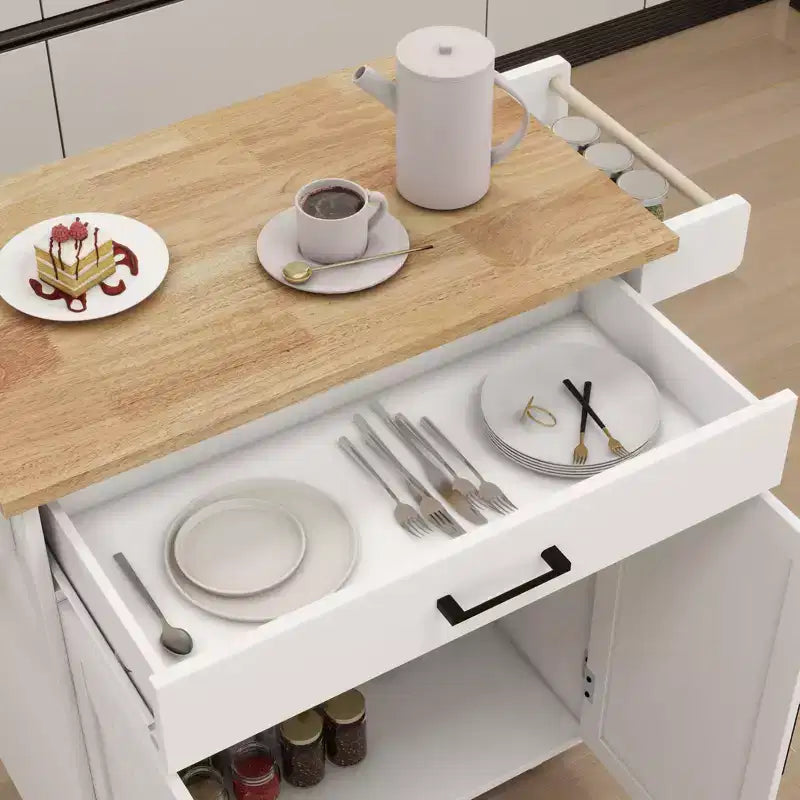Carrello da Cucina su Ruote con Piano in Legno, Cassetto, Armadietto e Portasciugamani - Isola Mobile per Cucina, Garage o Ufficio